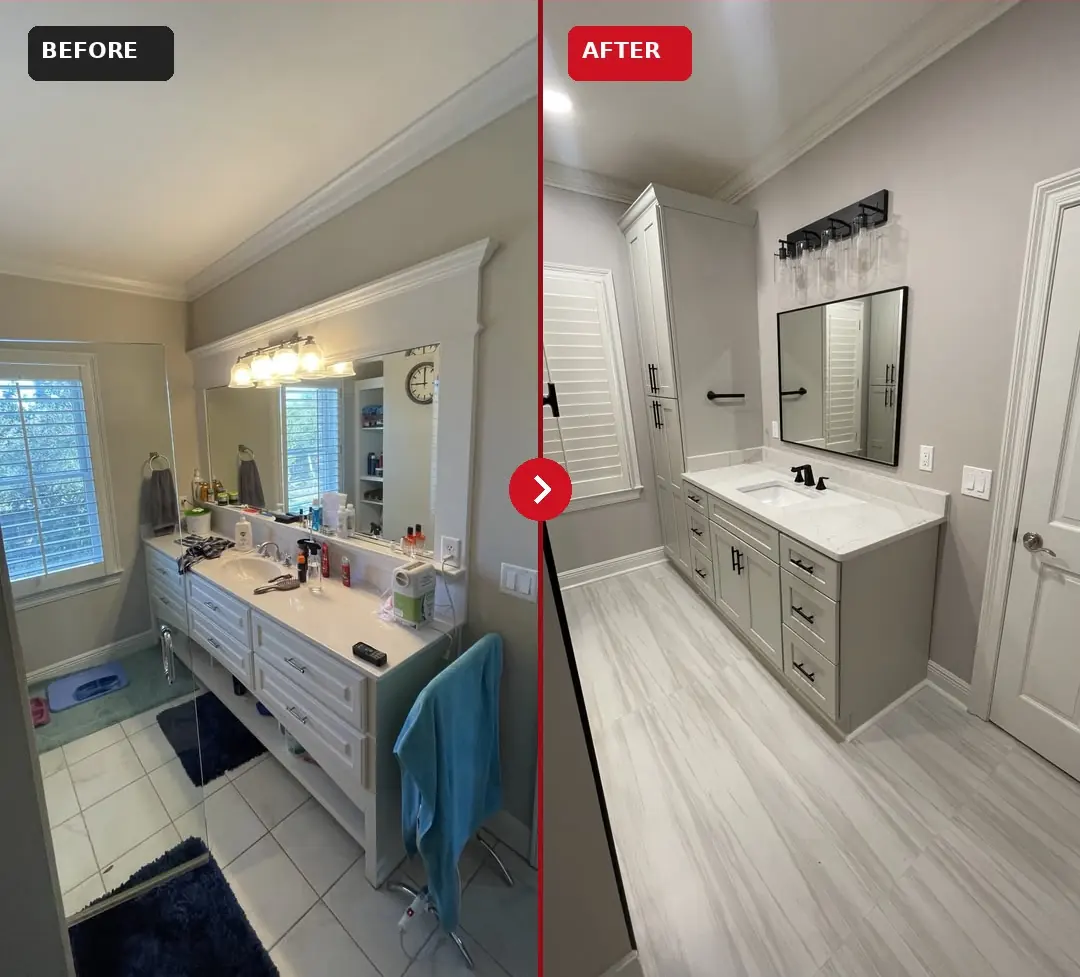 Before and after: an old vanity replaced with a new cabinet vanity, storage tower and flooring